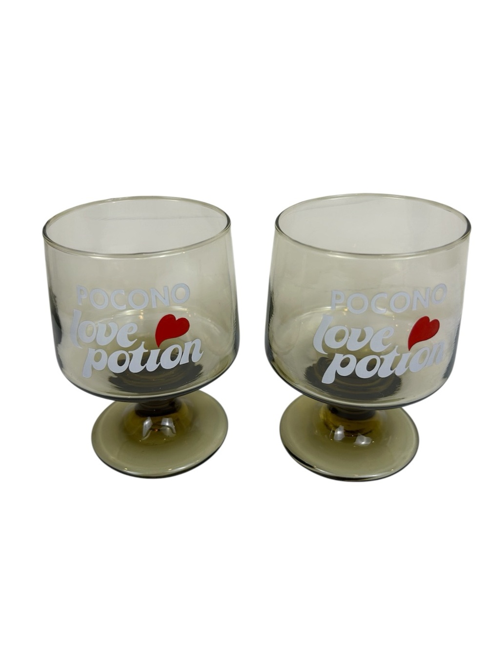 2 Pocono Love Potion Glasses Smoky Brown Pedestal Base 1970s Barware